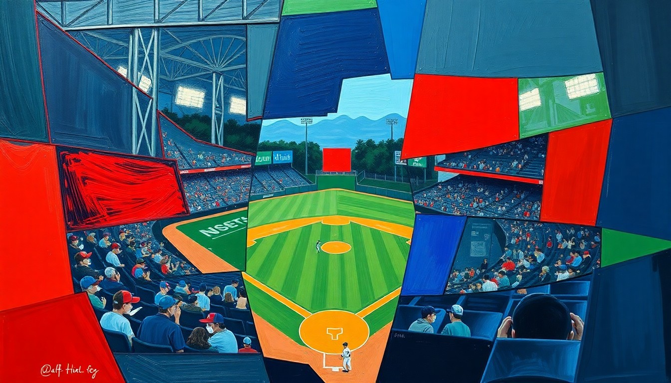 A cubist, geometric painting depicting a high school baseball game broken down into overlapping planes of navy, green, and red, conceptually representing the strategic complexity and energy of the sport.