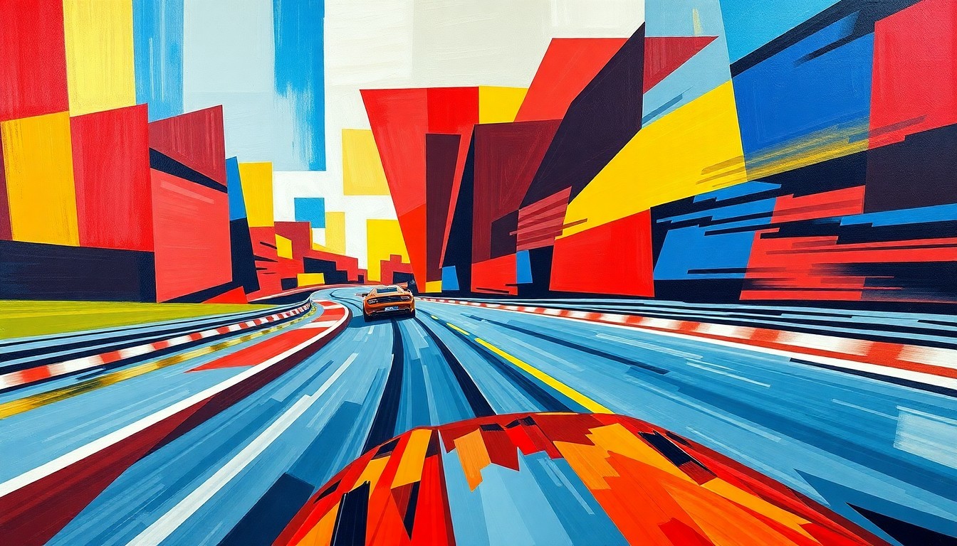 A cubist, geometric painting depicting a high-speed car race, with sharp planes of color and motion creating an abstract, energetic scene.