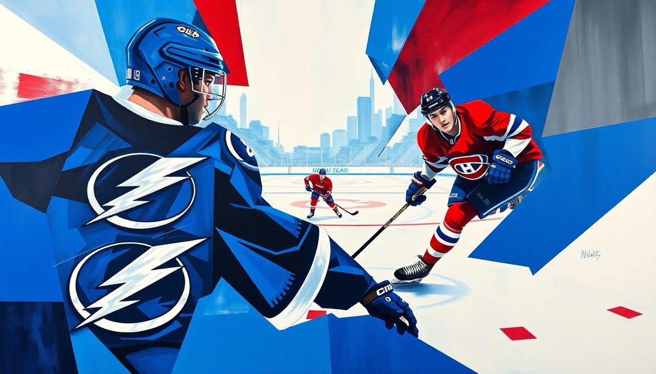 A cubist-style painting featuring fragmented, overlapping geometric shapes in the colors of the Tampa Bay Lightning and Montreal Canadiens, conceptually representing the high-intensity action and rivalry between the two NHL teams.