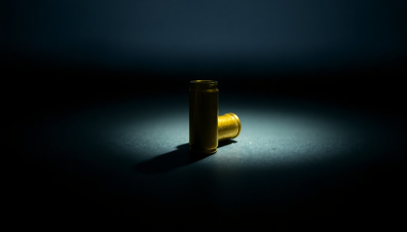 An extreme close-up photograph of a single spent bullet casing on a dark surface, lit by a harsh, direct camera flash, conceptually representing the aftermath of a shooting incident at an unsanctioned campus event.