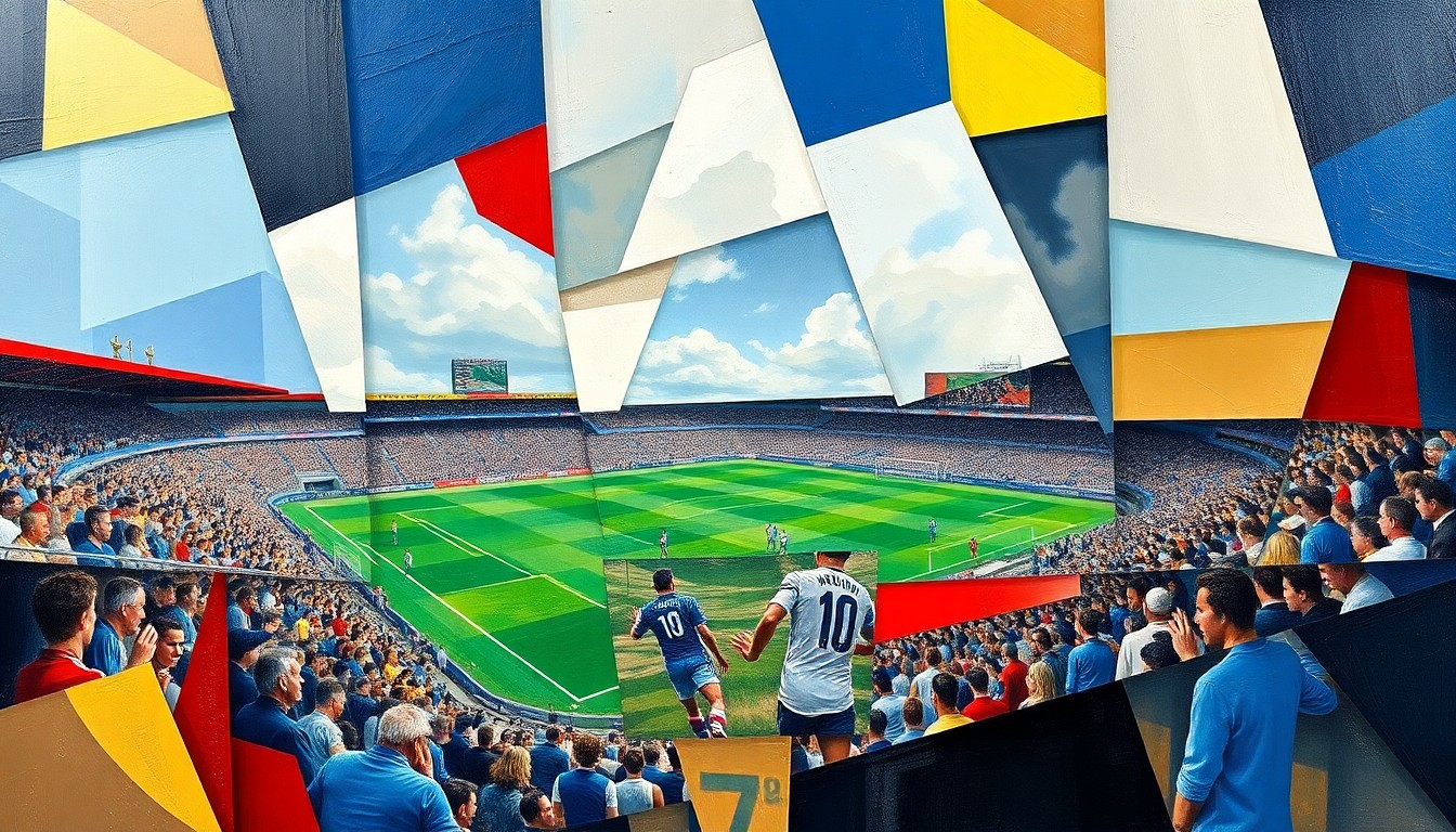 A vibrant, fragmented painting depicting a football match, with players and the field broken down into sharp, overlapping geometric shapes and planes of color.