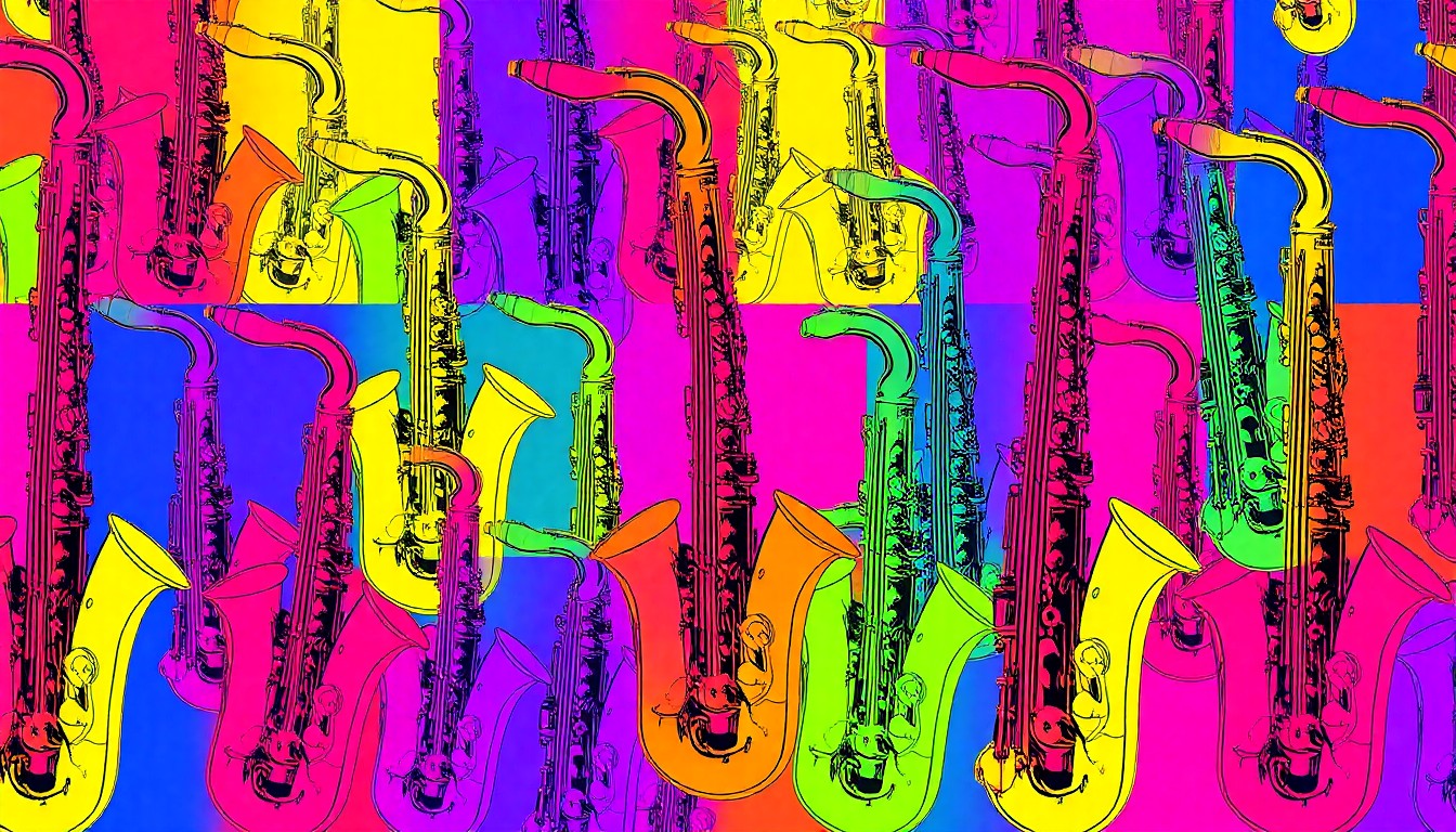 A vibrant, pop art-inspired illustration featuring a repeating pattern of a neon-colored saxophone, capturing the energy and creativity of a middle school band competition.