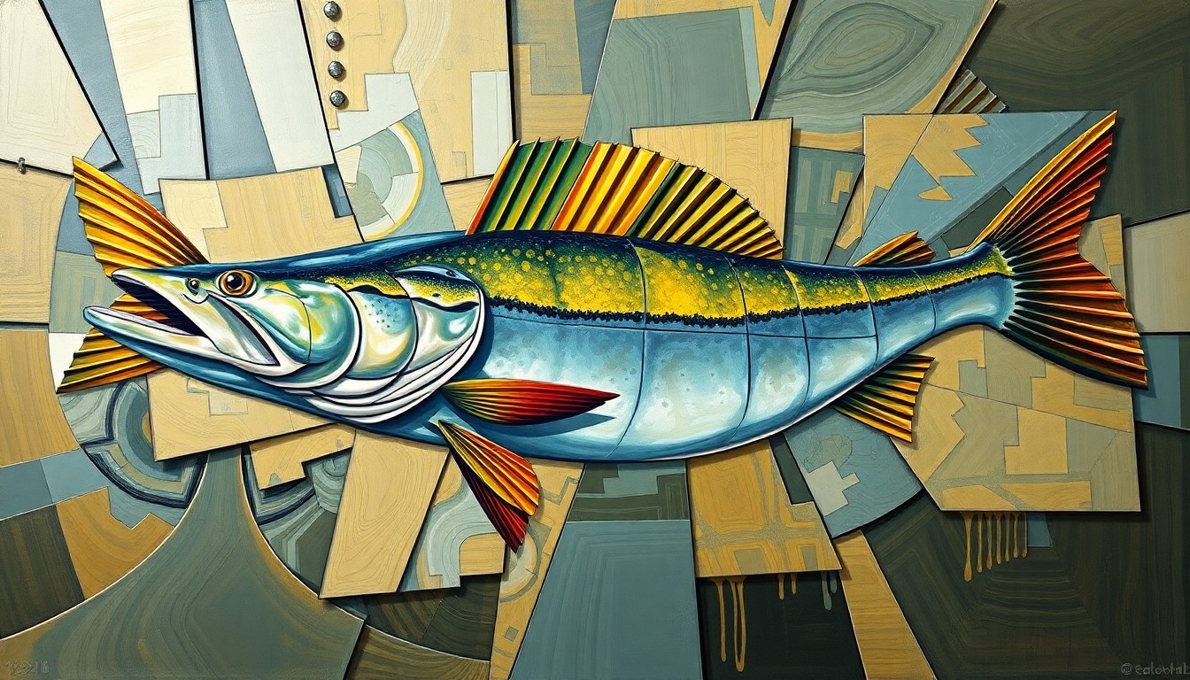 A fragmented, cubist-style painting depicting the massive muskie fish and the debate between New York and New Jersey over which state can claim the new record, with sharp, geometric shapes and planes representing the complexities of the situation.
