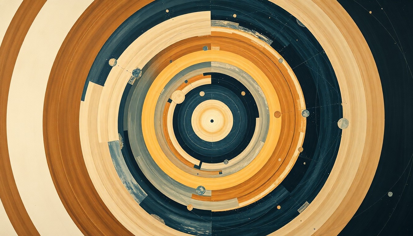 A highly textured, abstract painting in earthy tones of brown, ochre, and deep blue, featuring sweeping geometric arcs, concentric circles, and precise spirals, conceptually representing the complex forces and systems involved in the Artemis II spacecraft's return to Earth after its historic moon voyage.