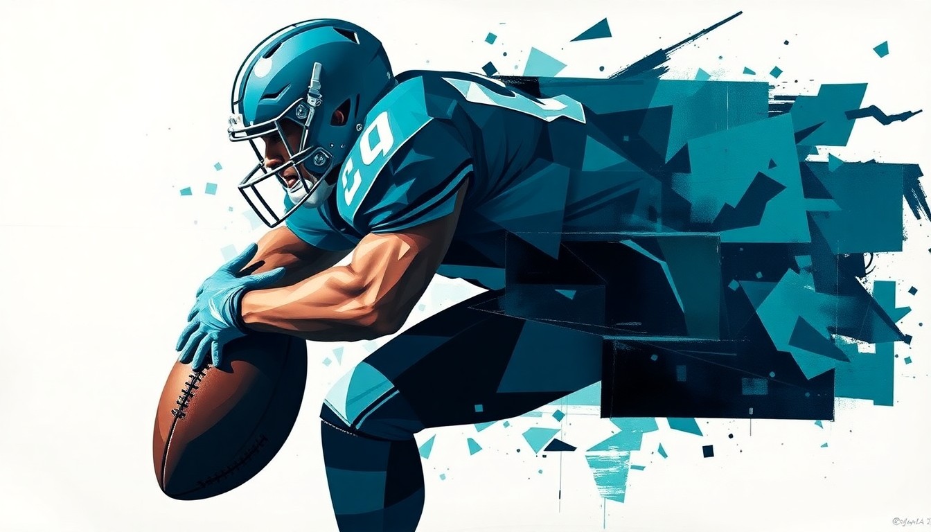 A cubist-style painting depicting a football player making a tackle, with the figure broken down into sharp, overlapping geometric shapes in teal, black, and white, conveying the Jaguars' aggressive approach to the upcoming draft.