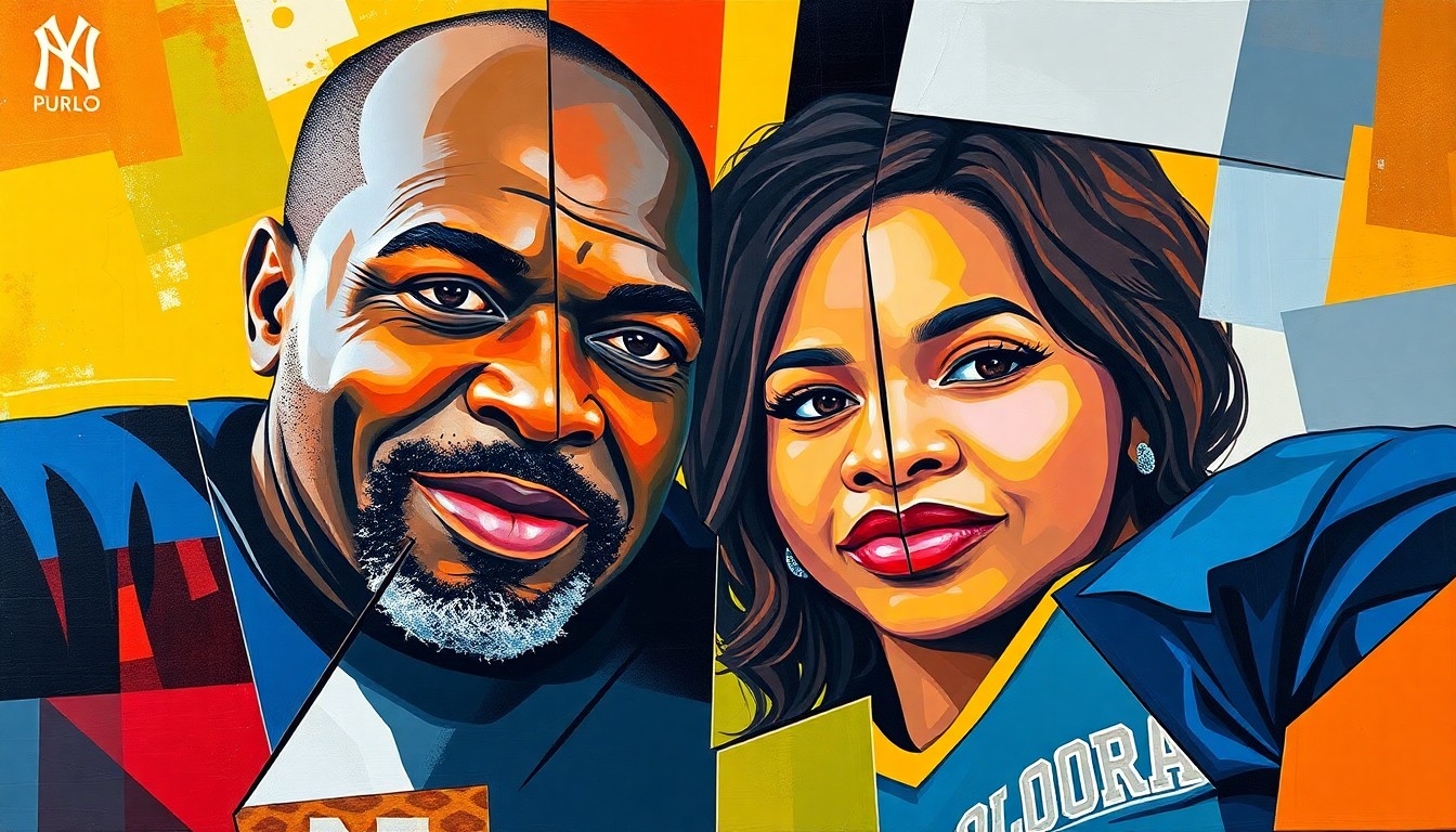 A cubist-style painting depicting a family portrait broken into sharp, overlapping geometric shapes in vibrant team colors, representing the complex dynamics between Deion Sanders, Pilar Sanders, and their daughter Shelomi.