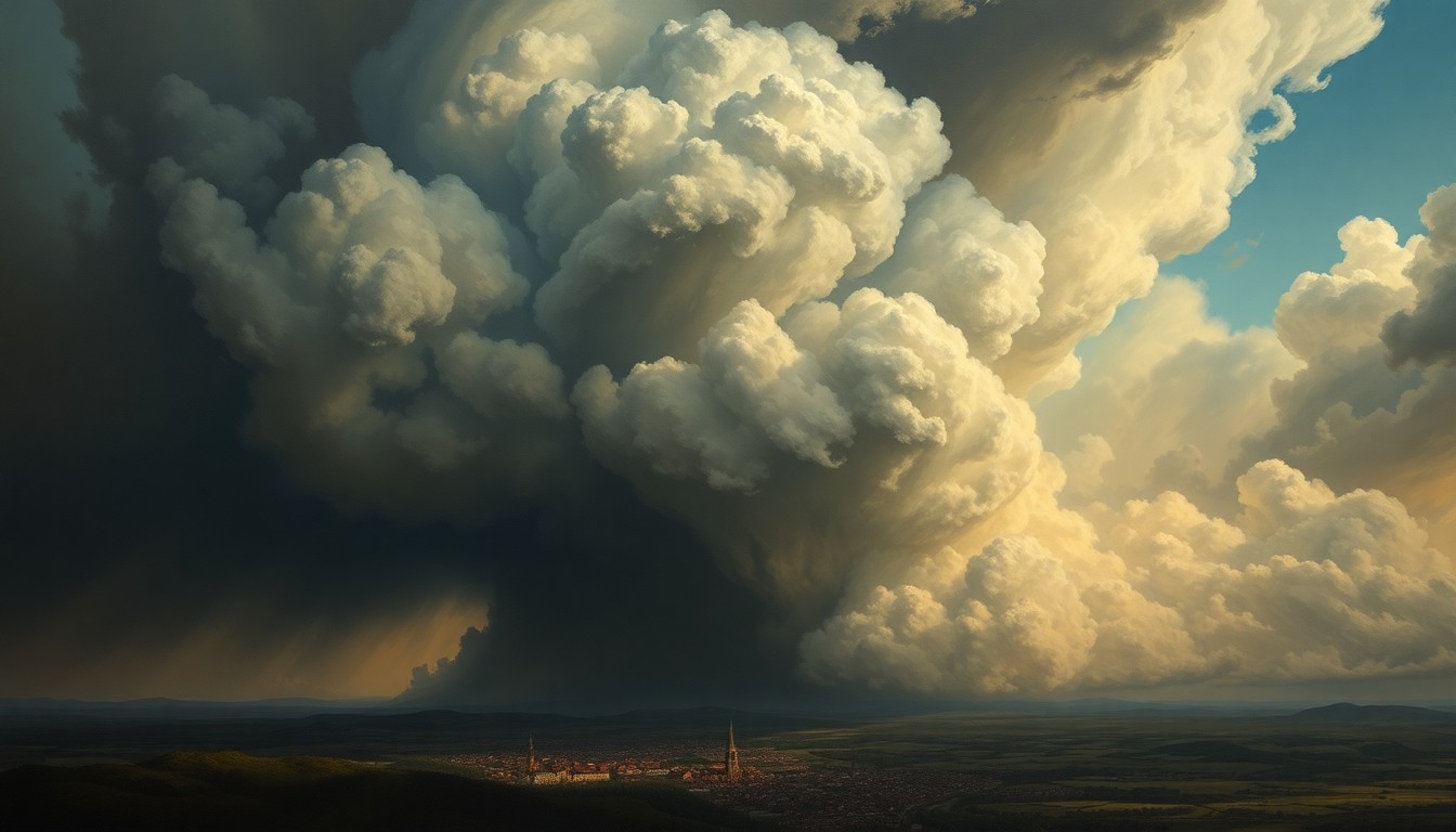 A sweeping, atmospheric landscape painting in muted tones of gray, blue, and green, depicting a massive, swirling storm system dominating the sky over a tiny town, conveying the raw power and scale of the natural forces at play.