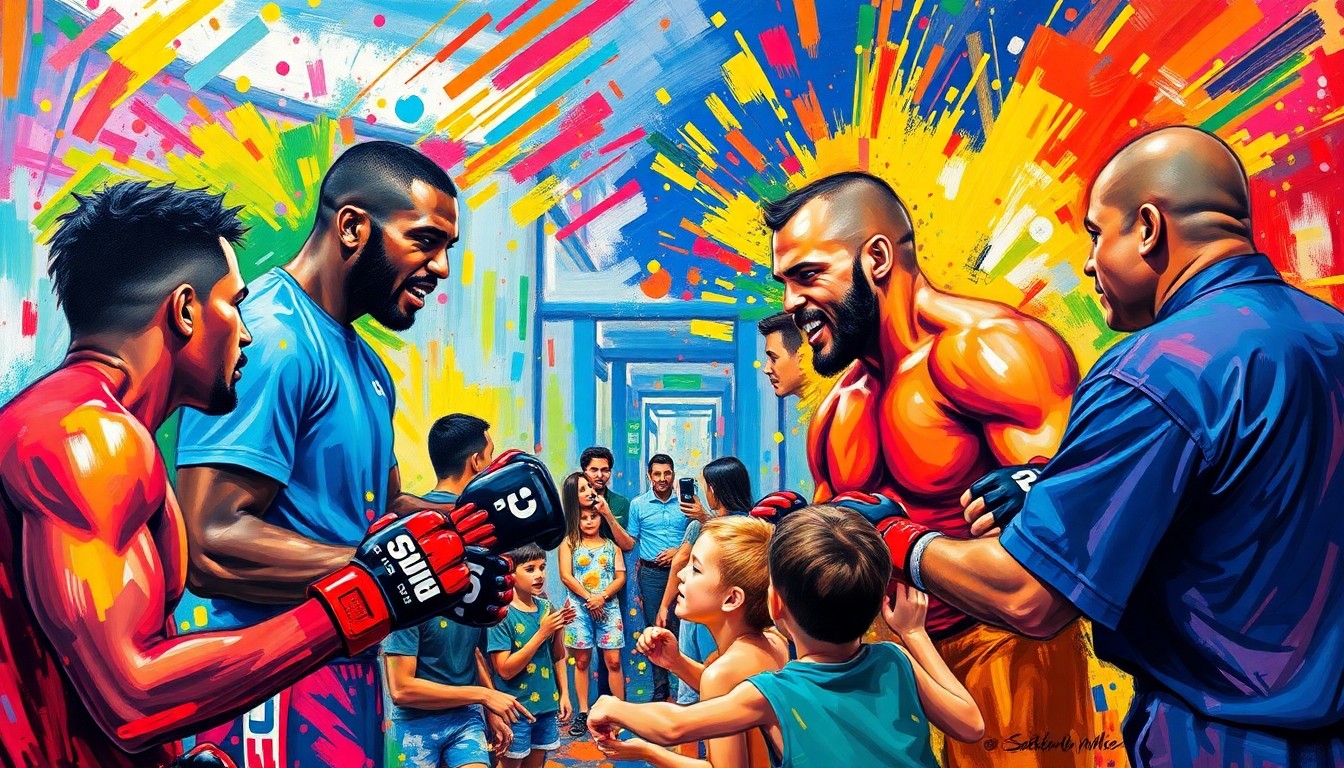 An abstract, energetic painting with vibrant brushstrokes of neon colors, capturing the emotional connection between UFC fighters and pediatric patients during a hospital visit.