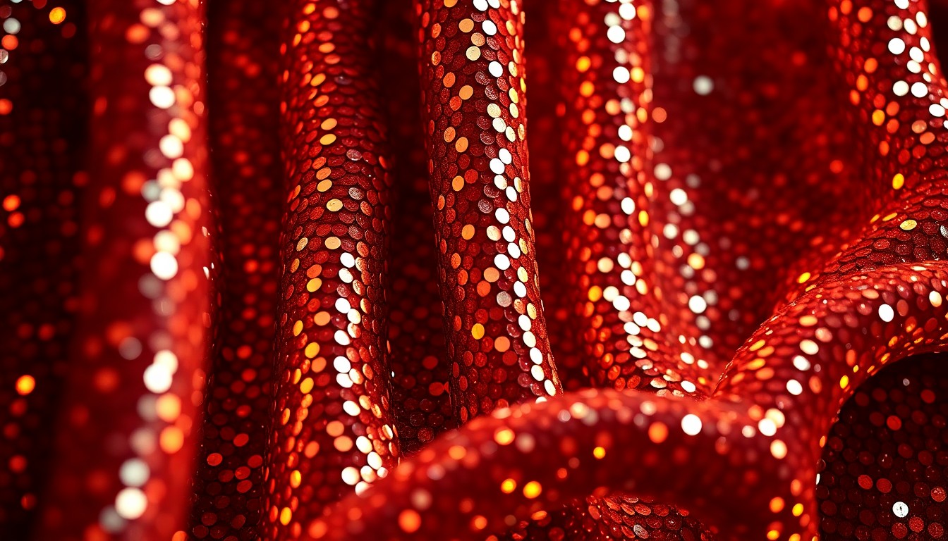 An extreme close-up photograph showcasing the luxurious textures of movie industry glamour, such as shimmering sequins and plush velvet, bathed in dramatic high-contrast studio lighting to create a high-fashion, conceptual aesthetic.