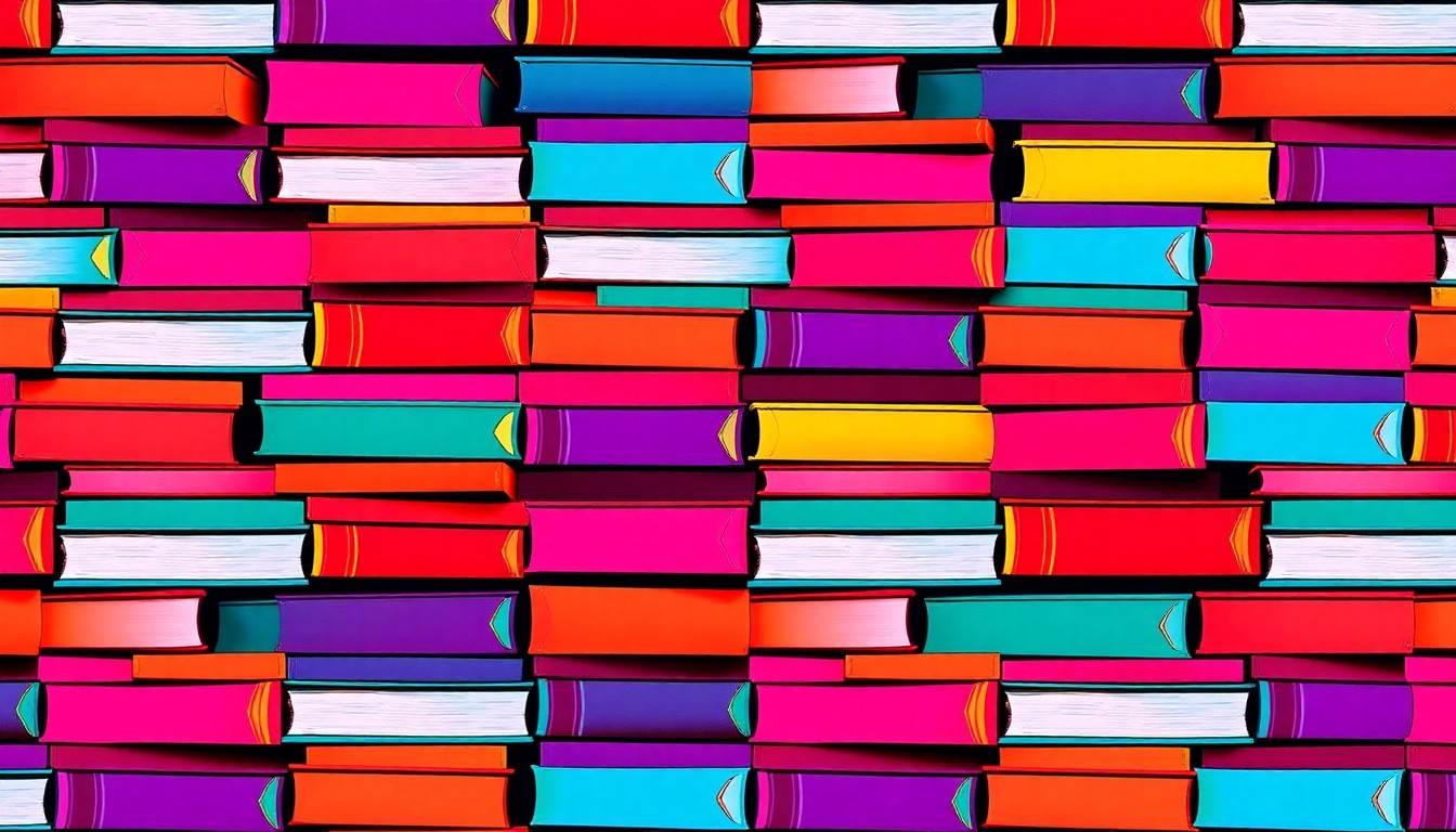 A bold, colorful silkscreen-style illustration featuring a repeating grid of stacked books in bright neon hues, conceptually representing the diverse array of independent bookstores participating in the Columbus Indie Bookstore Crawl.