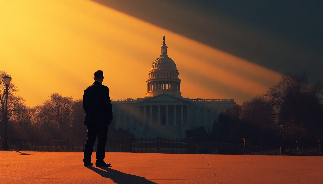 A serene, cinematic painting depicting a solitary government building or political figure in warm, golden light and deep shadows, conveying a sense of quiet contemplation and unease surrounding the Epstein scandal.