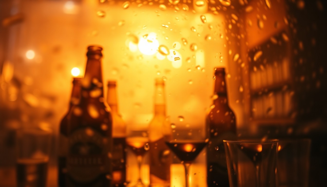 An abstract, impressionistic scene of blurred beer bottles and glasses on a bar counter, captured through a hazy, rain-streaked lens in soft, warm tones that evoke the cozy atmosphere of a neighborhood liquor store.