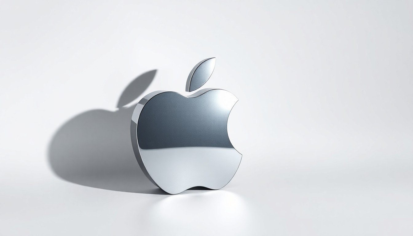 A highly reflective, metallic Apple logo sculpture sitting alone on a clean white background, casting a dramatic shadow and conveying a sense of corporate detachment.