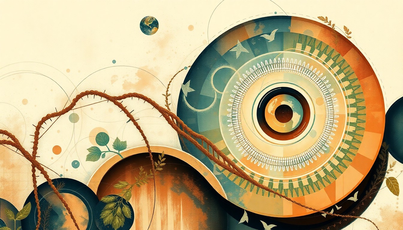 A highly textured abstract painting featuring sweeping geometric shapes and botanical patterns in earthy tones, conceptually representing the complex interplay of genetic, environmental, and evolutionary forces shaping the natural world's response to climate change.