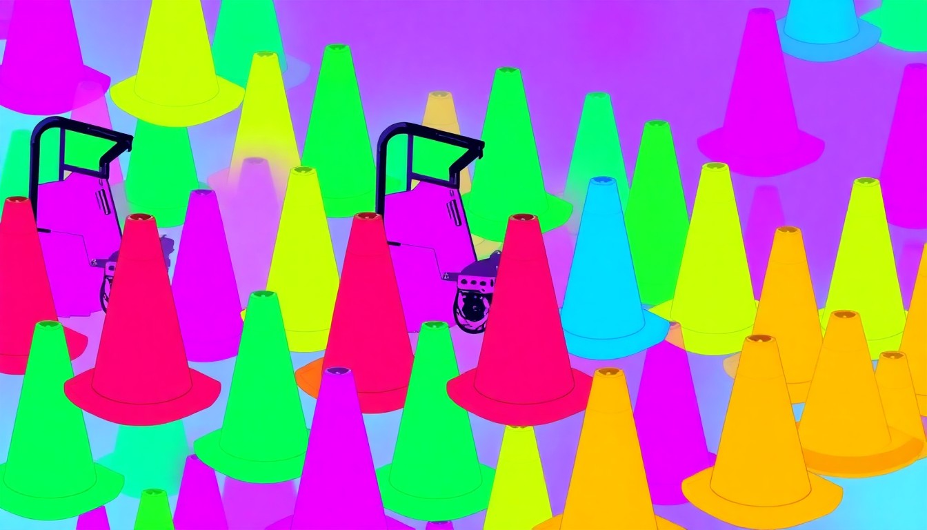 A vibrant, high-contrast silkscreen print of a single road construction object like a traffic cone or asphalt roller repeated in a grid pattern, capturing the essence of an infrastructure improvement project in a modern pop art style.