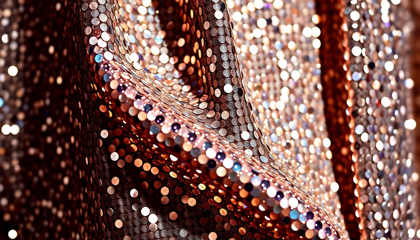 An abstract close-up photograph of shimmering, glittering sequins and metallic fabric, capturing the glamour and showmanship of a live music performance.