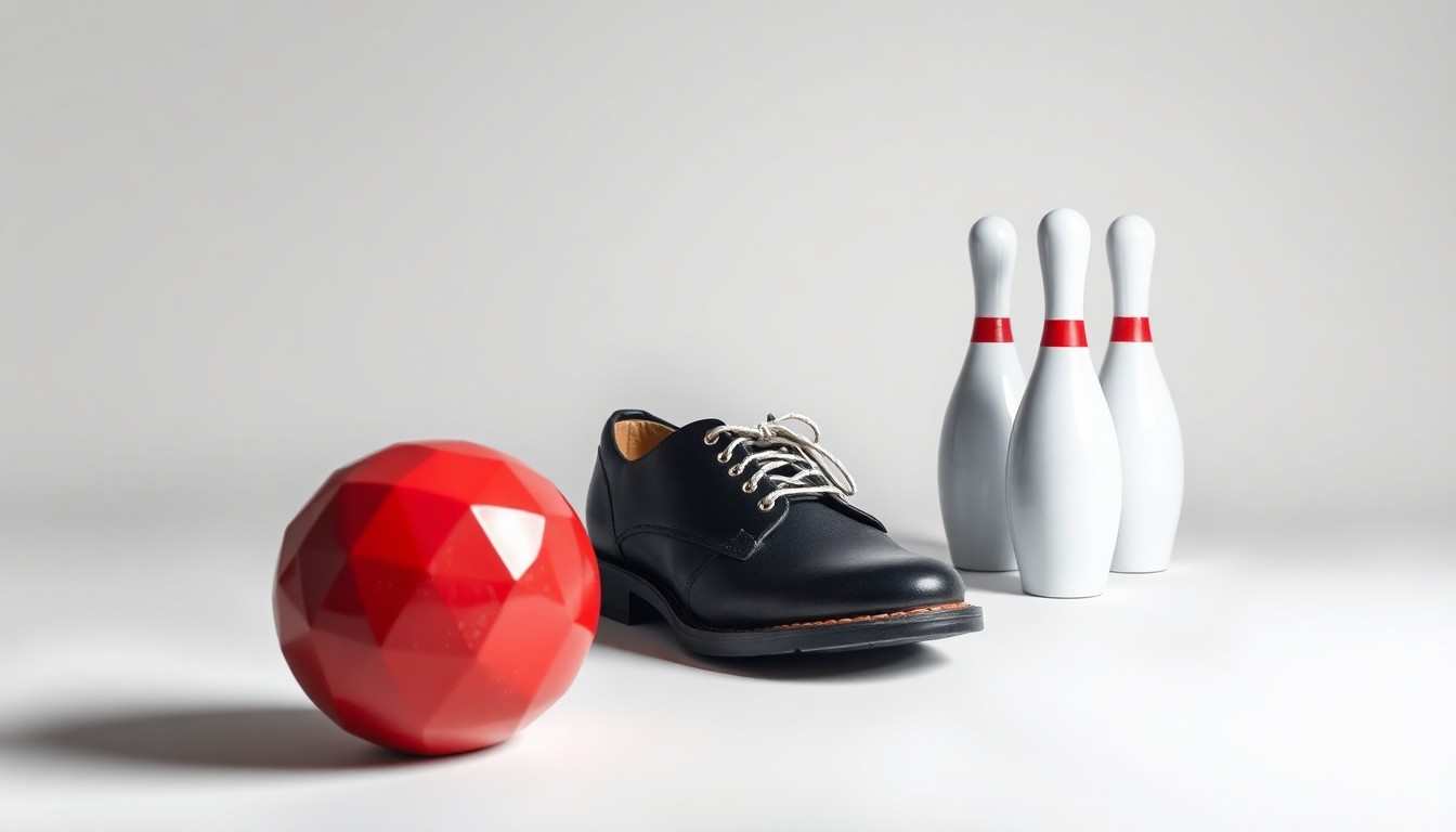A photorealistic studio still life featuring a polished bowling ball, vintage bowling shoes, and a set of gleaming pins arranged elegantly on a clean, monochromatic background, symbolizing the transition of a beloved local bowling alley to new ownership.