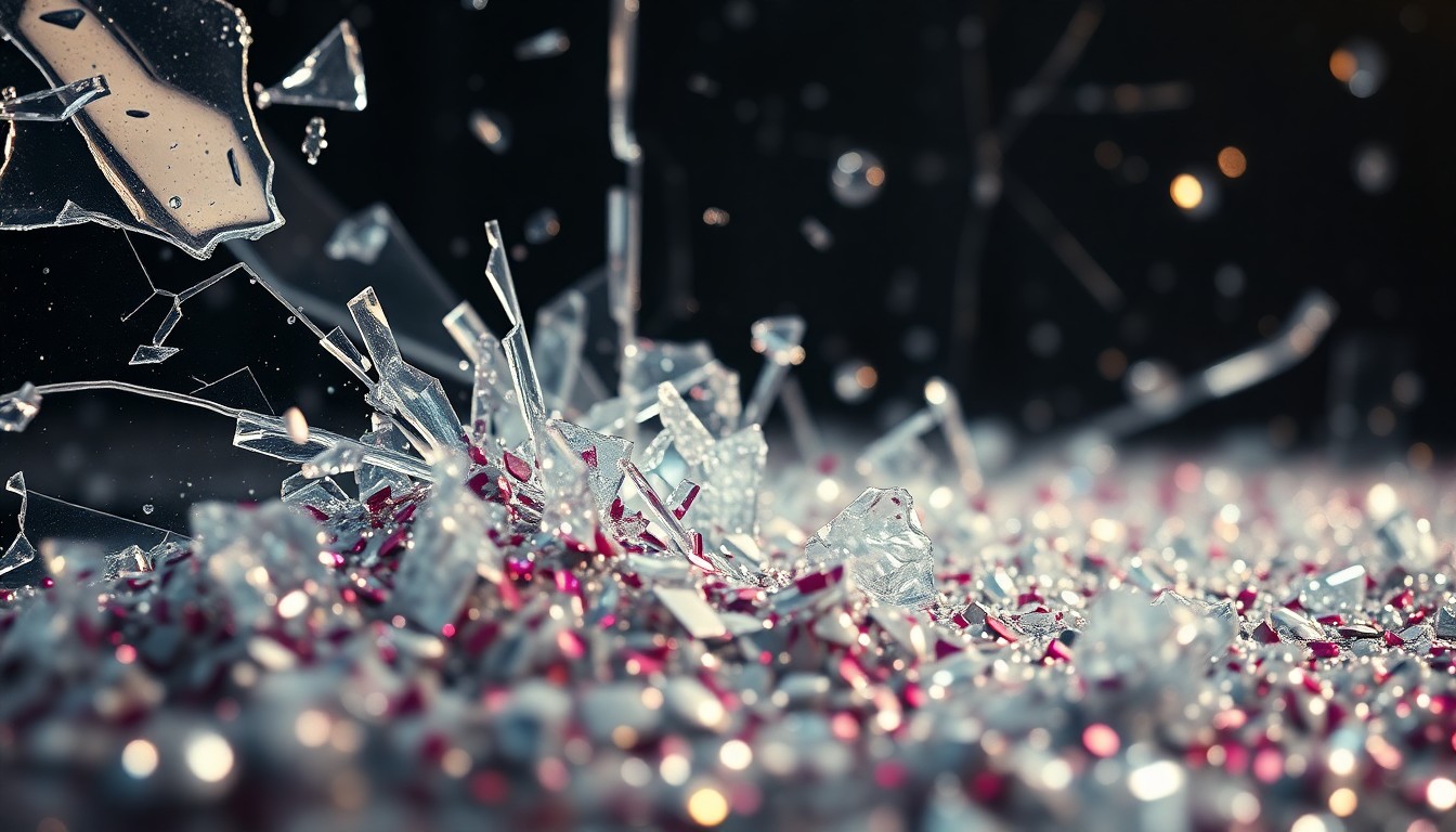 An abstract close-up image featuring shards of reflective glass and sparkling sequins, captured in dramatic high-contrast lighting to convey the emotional weight and personal growth at the heart of the 'Shrinking' finale.