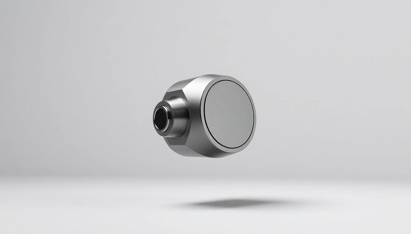 A highly detailed, photorealistic studio photograph of a sleek, metallic tractor component or sensor floating against a clean, monochromatic background, representing the advanced engineering behind Monarch Tractor's autonomous systems.