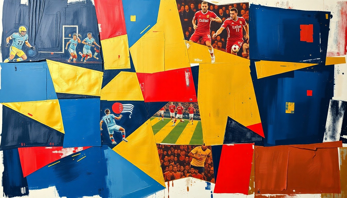 A fractured, geometric painting depicting the complex maneuvering of an American football game, with sharp planes of navy, gold, and crimson colors overlapping to create a dynamic, abstract composition.