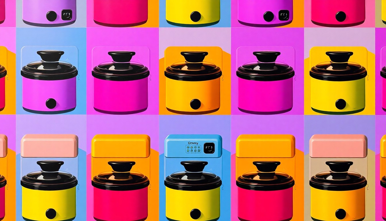 A vibrant, high-contrast silkscreen print depicting a Grownsy Baby Food Maker appliance repeated in a grid, conceptually representing the product's versatility and modern design.