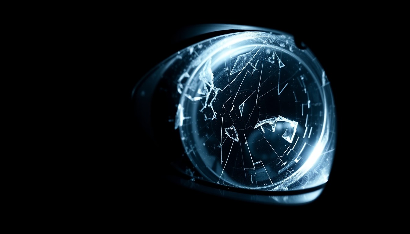 An extreme close-up photograph of a broken car side mirror reflecting a faint red light, conceptually illustrating the aftermath of a fatal pedestrian collision.