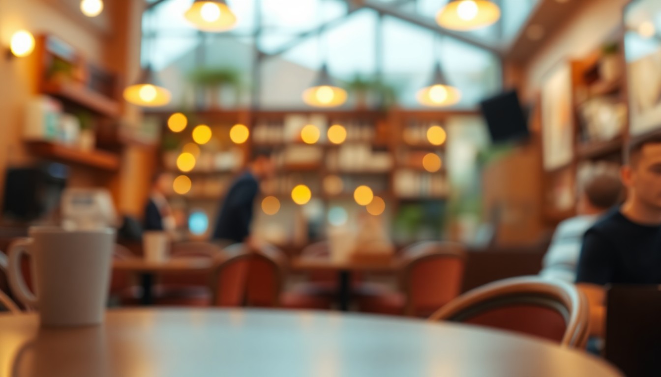 An extremely abstracted, out-of-focus photograph of a coffee shop interior, with soft pools of warm light and color creating a dreamlike, atmospheric scene that conceptually represents the tensions around religious expression in the workplace.