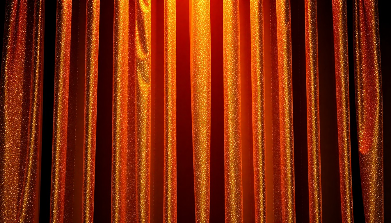 An extreme close-up photograph of a shimmering golden theater curtain fabric, lit dramatically to highlight the luxurious, high-end texture and create a sense of opulence and spectacle.
