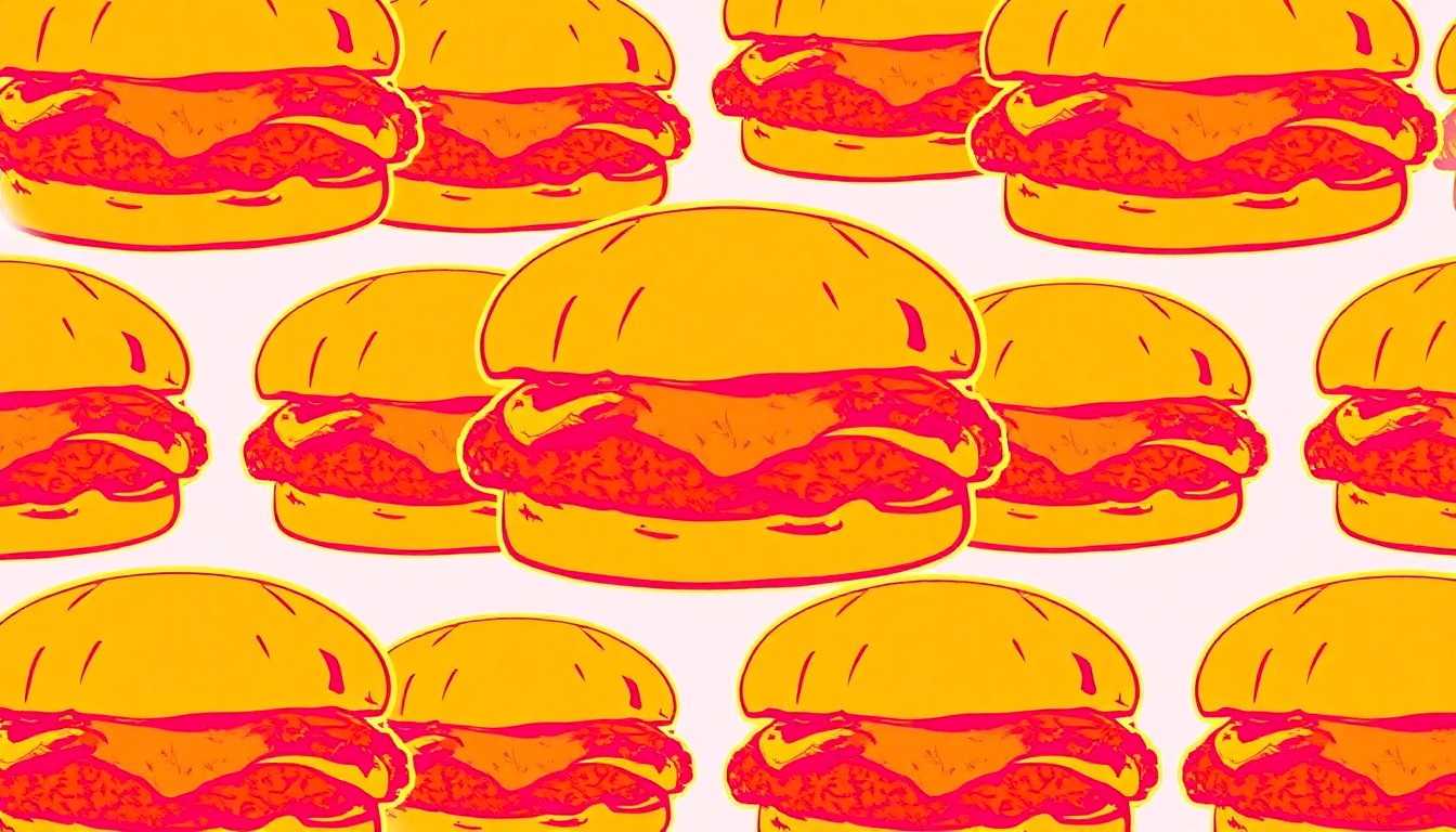A high-contrast, silkscreen-style illustration of a fried chicken sandwich repeated in a grid, rendered in a palette of neon pinks, oranges, and blues, conceptually representing the modern, playful interpretation of a beloved comfort food.