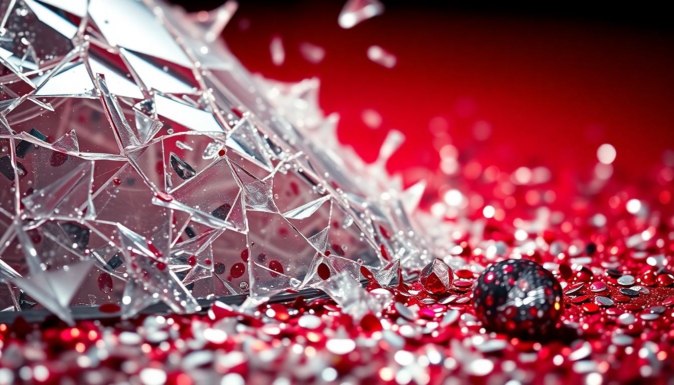 An extreme close-up of shattered glass and glittering sequins, capturing the high-contrast glamour and scandal of celebrity culture.
