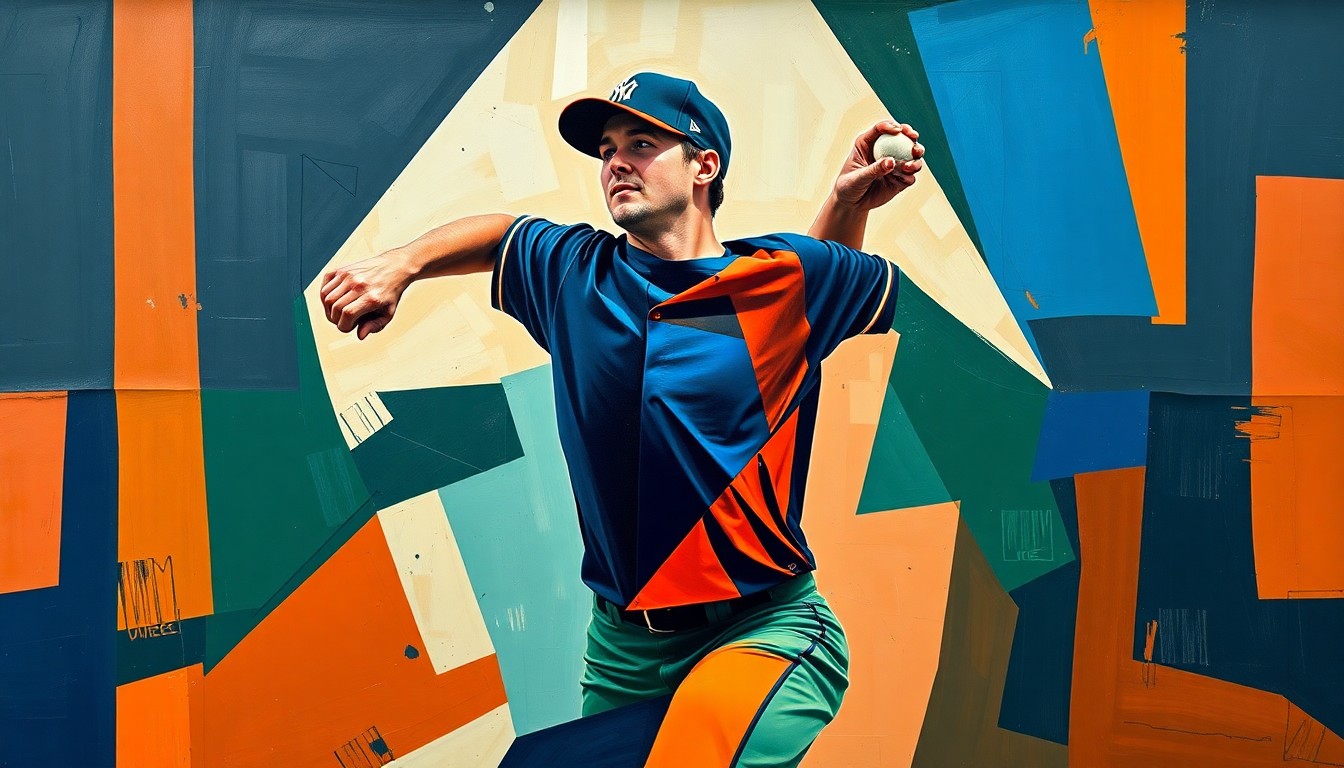 A cubist, geometric painting depicting Gavin Williams' pitching motion broken down into overlapping planes of navy, green, and orange, capturing the raw energy and athleticism of his delivery.