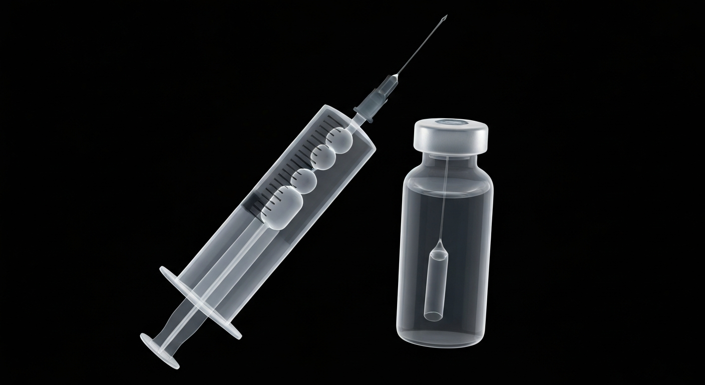 A ghostly, translucent X-ray photograph revealing the internal structure of a syringe and vial of vaccine against a dark background, conceptually illustrating the medical researcher's efforts to understand the psychological factors behind vaccine confidence.