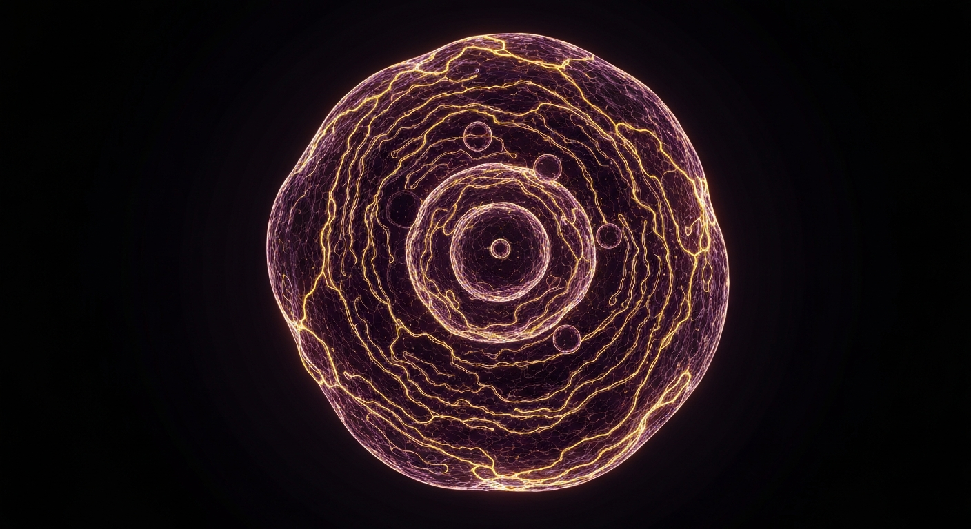 A glowing, neon-like outline of a human cell with intricate, pulsing lines representing the internal structures and pathways of a natural killer cell, set against a dark background and conveying the energy and dynamism of this specialized immune cell.