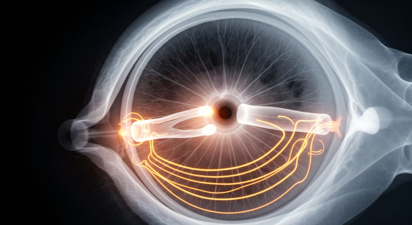 A highly detailed, translucent X-ray photograph showing the intricate internal structures of the human eye, with glowing lines and shapes representing the mechanisms involved in night vision.