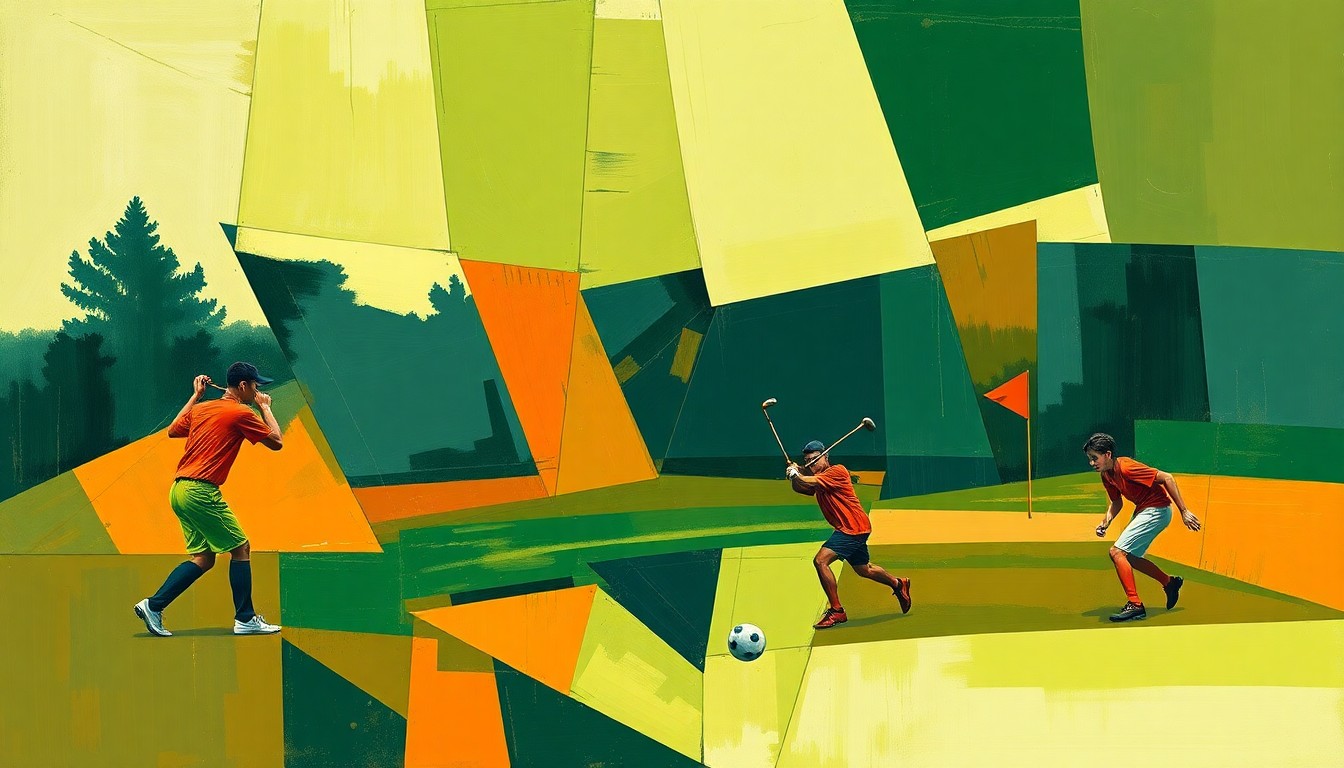 A fractured, geometric painting in shades of green, blue, and orange, breaking down a sports scene into sharp, overlapping planes to create a dynamic, abstract composition.