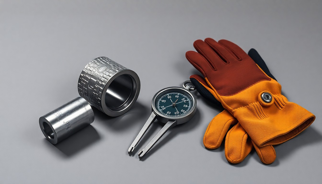 A photorealistic studio still life featuring a polished metal core sample, a geological compass, and work gloves, symbolizing the abstract concepts of mining exploration and resource extraction.