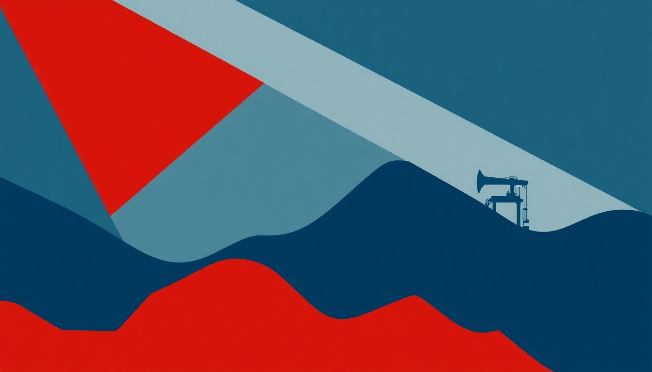 A minimalist abstract illustration using bold geometric shapes and muted colors to represent the volatility and uncertainty in the global oil market as the fragile ceasefire between the US and Iran is tested.