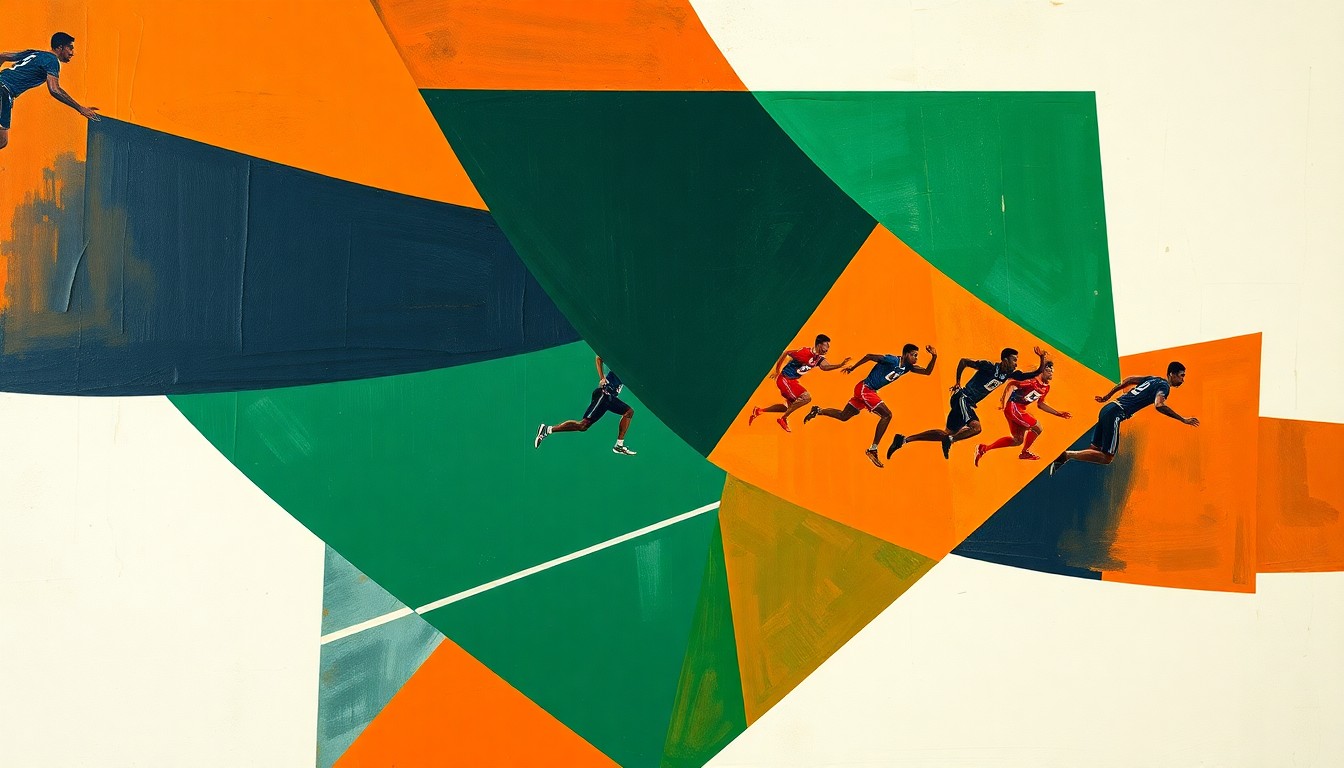 A fragmented, geometric painting depicting a high school track and field competition, with sharp planes of navy, green, and orange hues overlapping to create a dynamic, abstract composition.