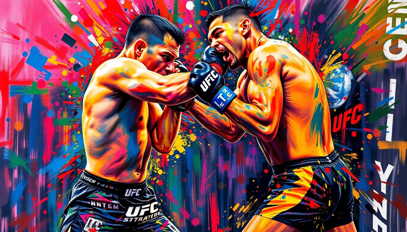 An abstract, expressionist painting in vibrant neon colors depicting the intense, chaotic movements of a UFC flyweight title fight, with the combatants' forms dissolving into unrecognizable splatters of paint.