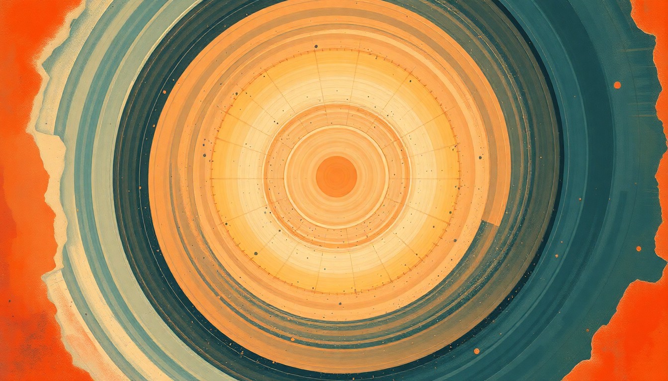 A highly structured abstract painting in soft, flat colors depicting sweeping geometric arcs, concentric planetary circles, and precise botanical spirals, conceptually representing the complex forces and impacts of satellite debris on the Earth's atmosphere.