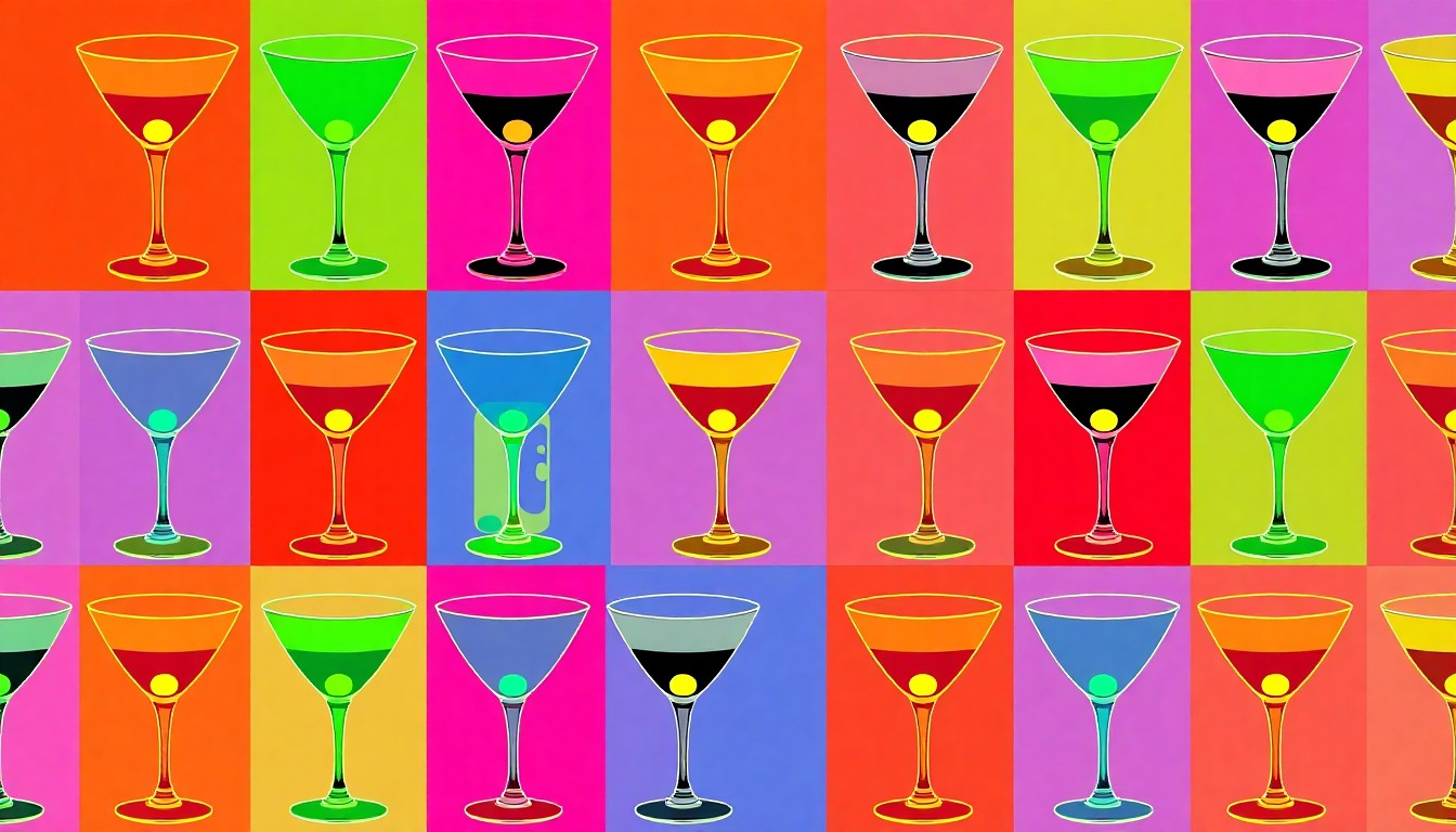 A vibrant, silkscreen-style illustration featuring a repeated pattern of a cocktail glass in neon pink, yellow, and blue hues, conceptually representing the unique blend of rye whiskey, Jägermeister, Fernet Branca, and crème de cacao that makes up the Friends Not Enemies cocktail.