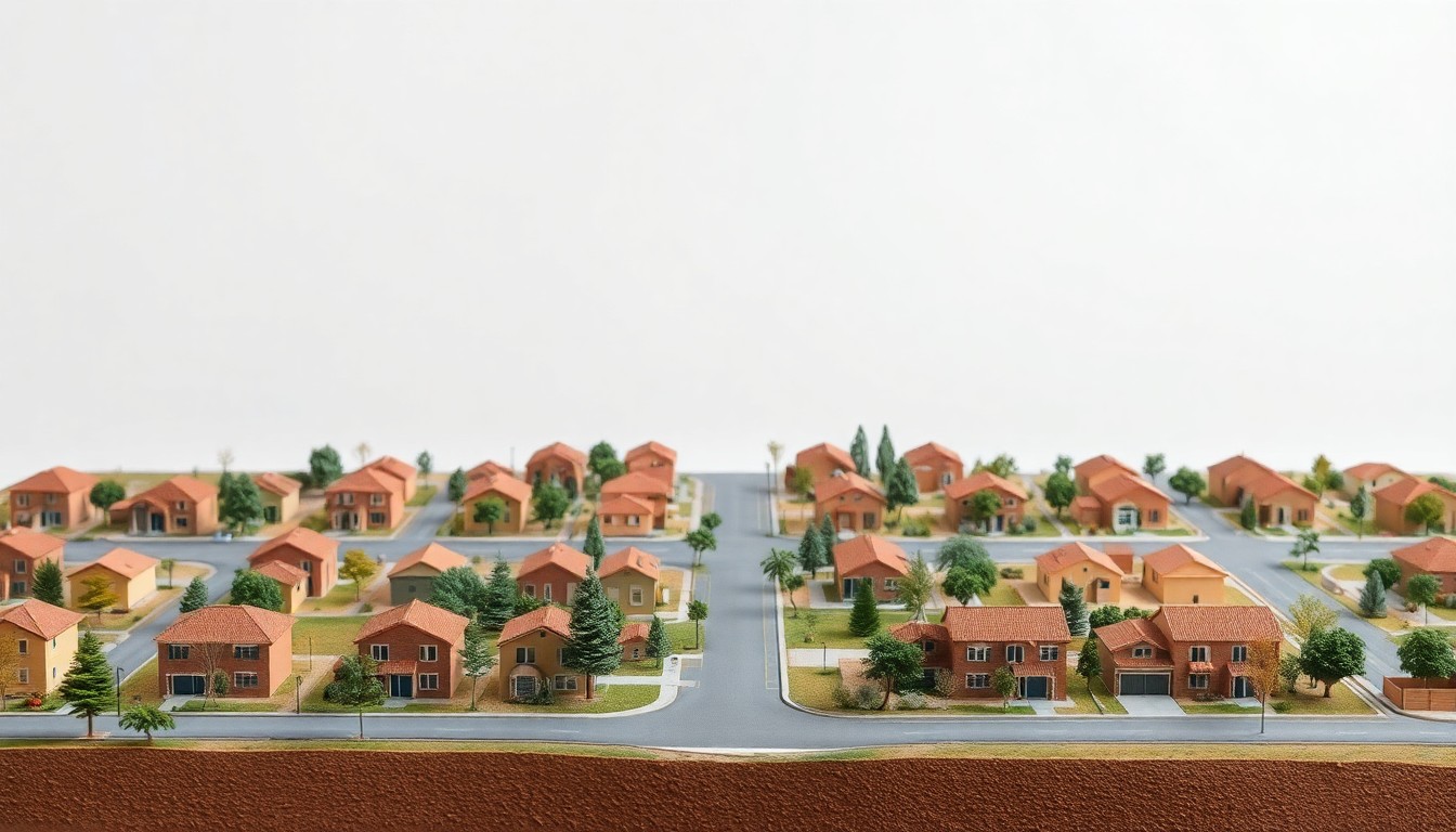 A photorealistic studio still life depicting a miniature model of a residential neighborhood, with neatly arranged houses, trees, and roads rendered in warm, earthy tones against a clean, monochromatic background, conveying a sense of orderly urban planning and community development.