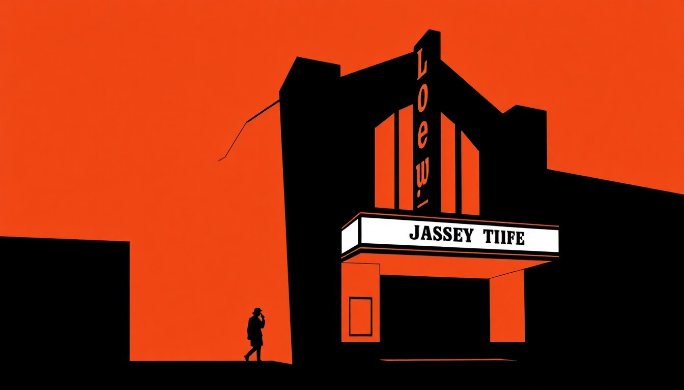 A striking, abstract composition featuring a bold, jagged silhouette shape in black, representing the architectural elements of the Loew's Jersey Theatre, against a high-contrast background of solid colors, conceptually illustrating the renovation project's blend of historic preservation and modern transformation.