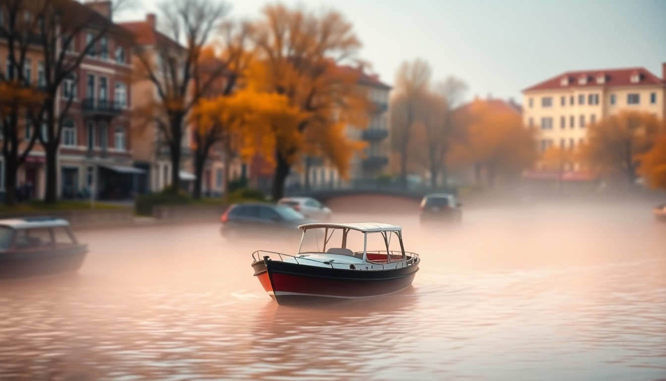 An abstract, impressionistic scene of a canal boat floating on calm waters, with the surrounding urban landscape blurred into soft, hazy pools of color, conveying a sense of uncertainty and disruption in the lives of the canal boat residents.