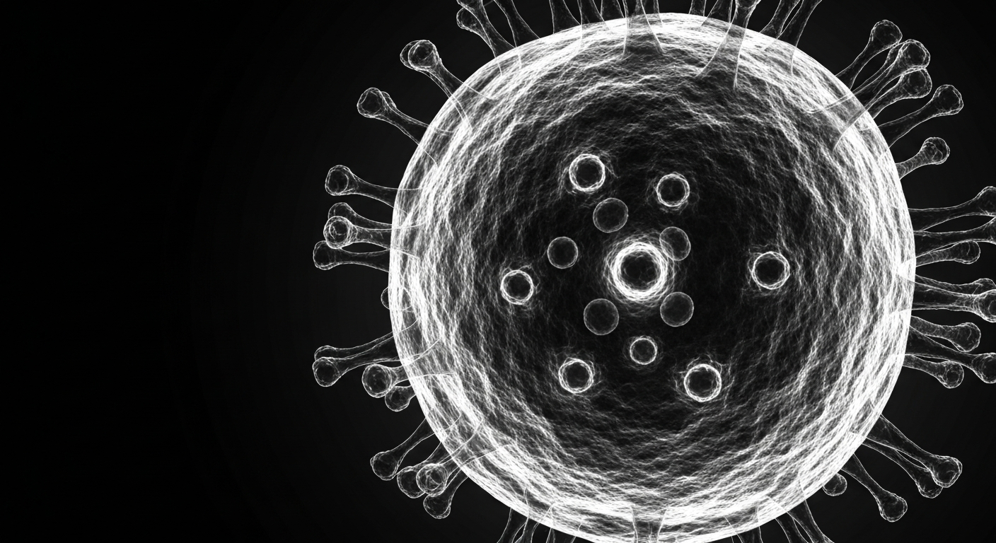 A ghostly, translucent X-ray photograph of a measles virus particle, glowing against a dark background, revealing its intricate internal structure.