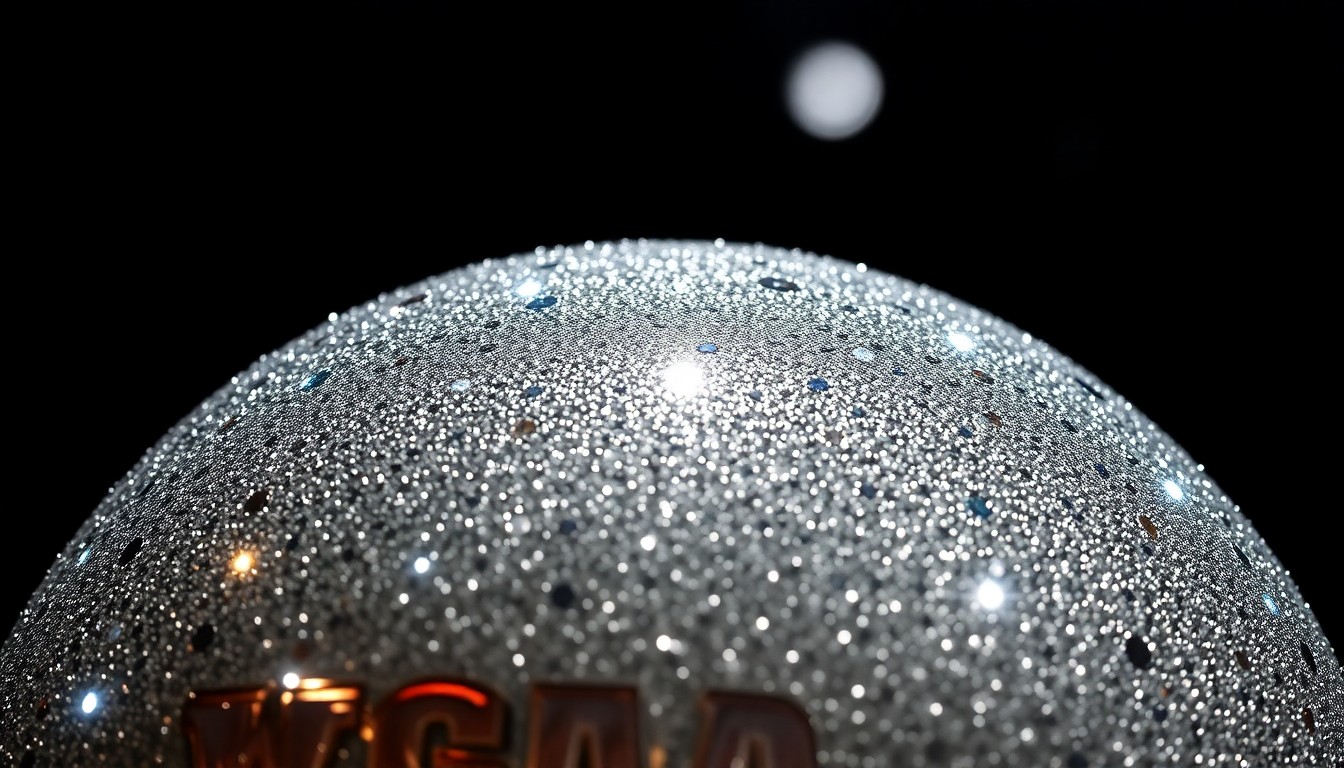 An abstract close-up photograph of a highly reflective, glittering trophy surface, capturing the glamour and prestige of the NCAA women's basketball championship.