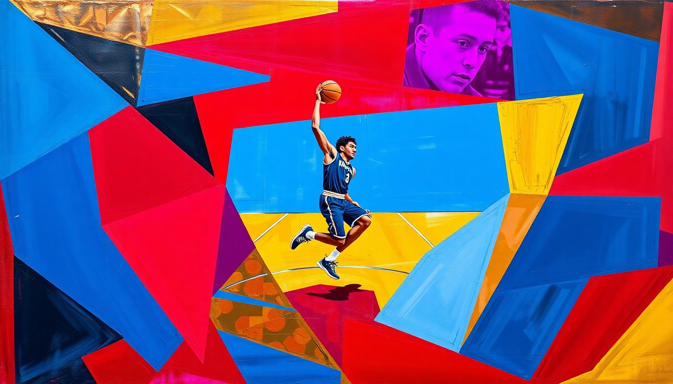 A cubist, geometric painting depicting a basketball player's movements and skills broken down into overlapping planes of vibrant colors, conceptually representing Cade Tyson's rise to NBA Draft prospect.