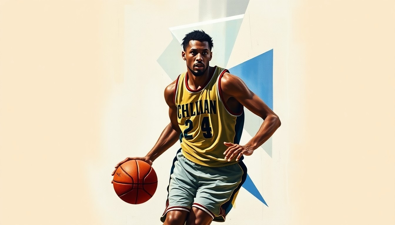A fragmented, geometric painting depicting the dynamic movements of a basketball player, with sharp, overlapping shapes and planes that capture the energy and intensity of the sport.
