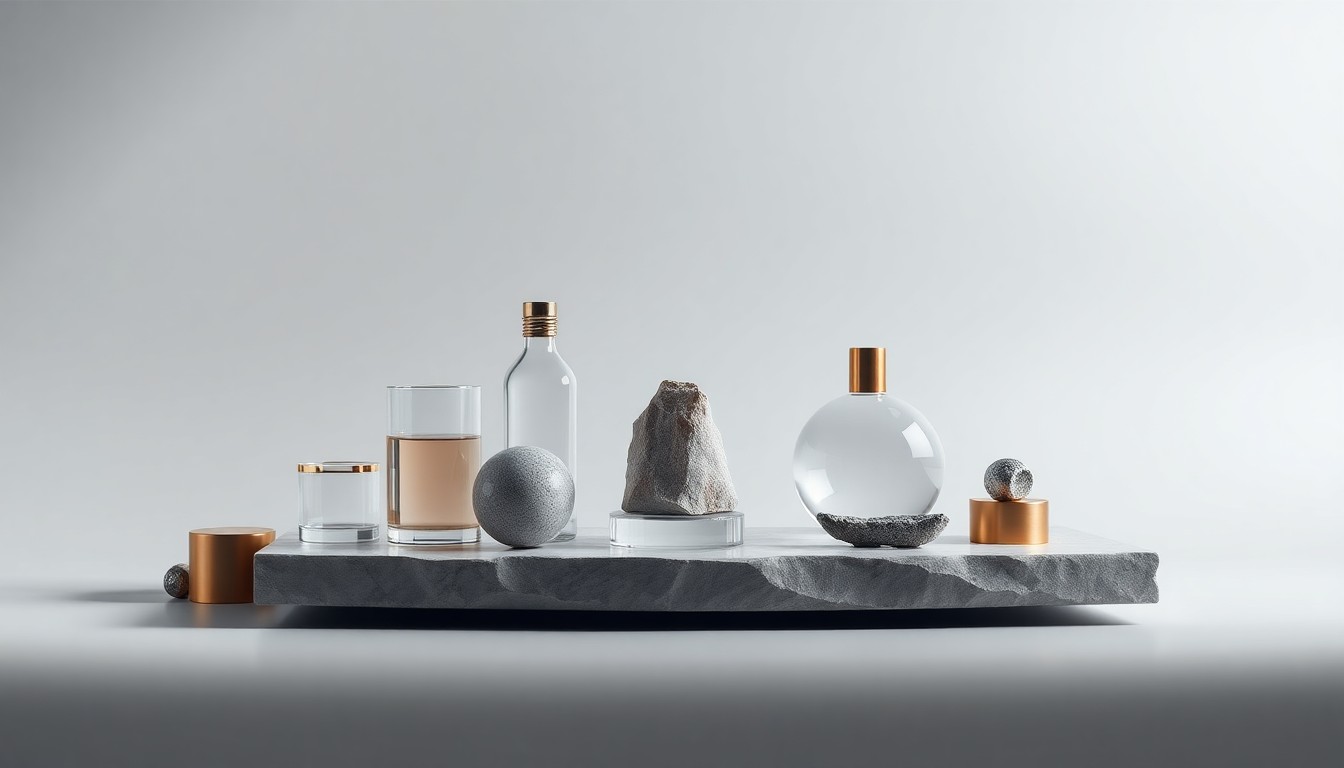 A high-end, photorealistic studio still-life photograph featuring a collection of polished, geometric objects arranged elegantly on a clean, monochromatic background, conveying a sense of sophistication and grounded symbolism.