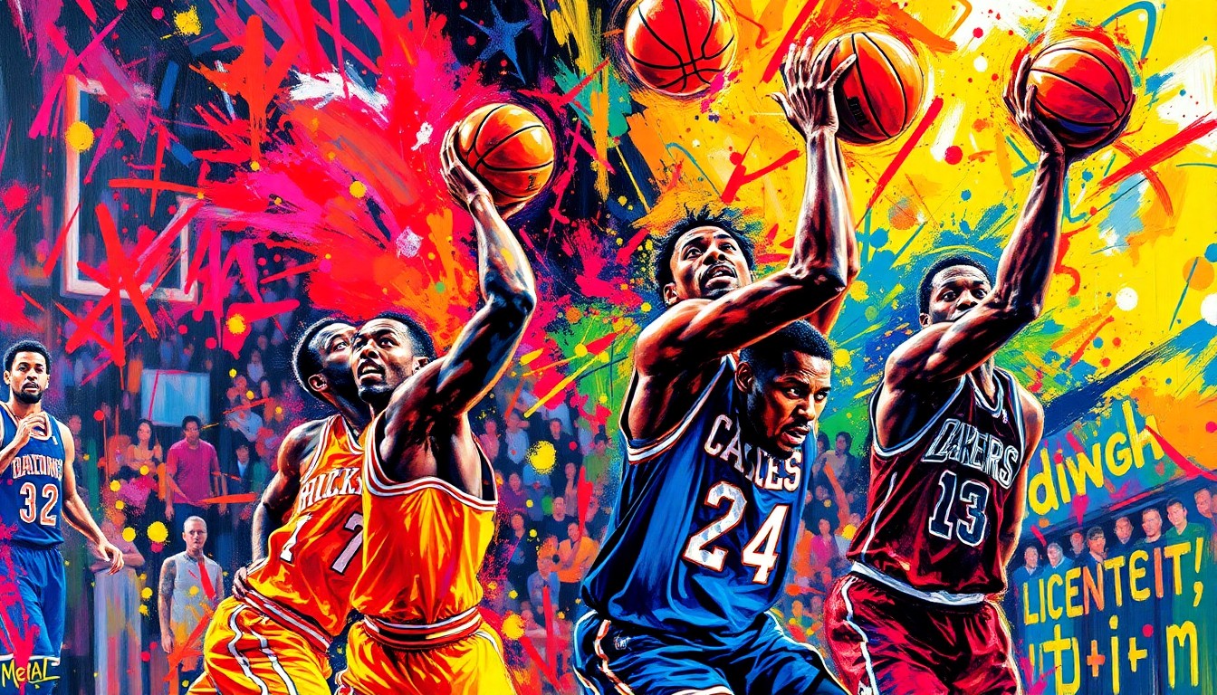 An abstract, expressionist painting in vibrant neon colors, capturing the raw energy and dynamic movements of a basketball game, with players' forms dissolving into unrecognizable splatters of paint.